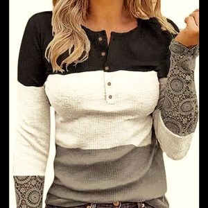 COLOR BLOCK SPLICED LACE SLEEVE RIBBED TOP size XXL